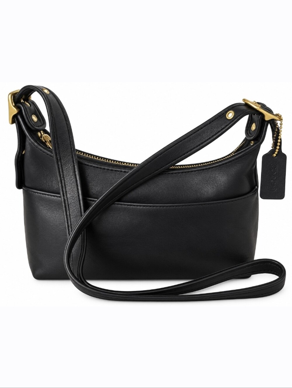 Vintage Coach Legacy Pocket Zip Bag, Black Leather, Brass Hardware, And Hangtag